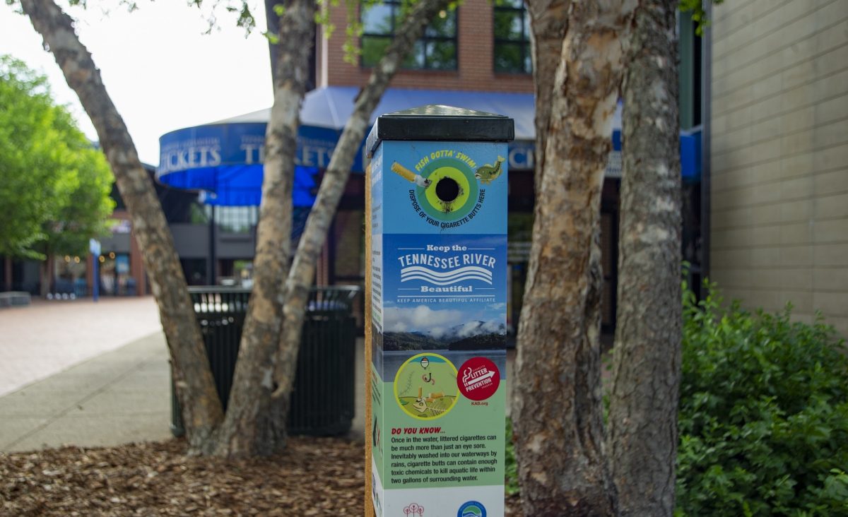 cigarette butt receptacle in front of Tennessee Aquarium ticketing center