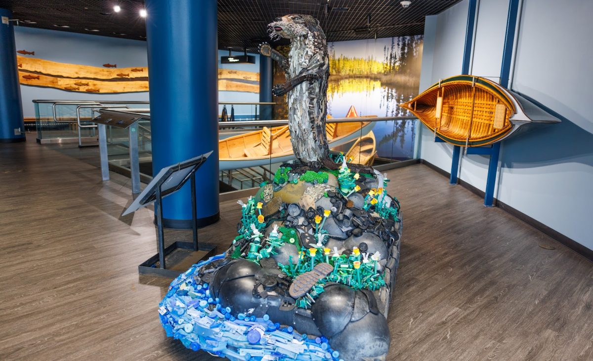 Giacometti the River Otter, a sculpture that is part of the Washed Ashore art exhibition, is displayed in River Journey.