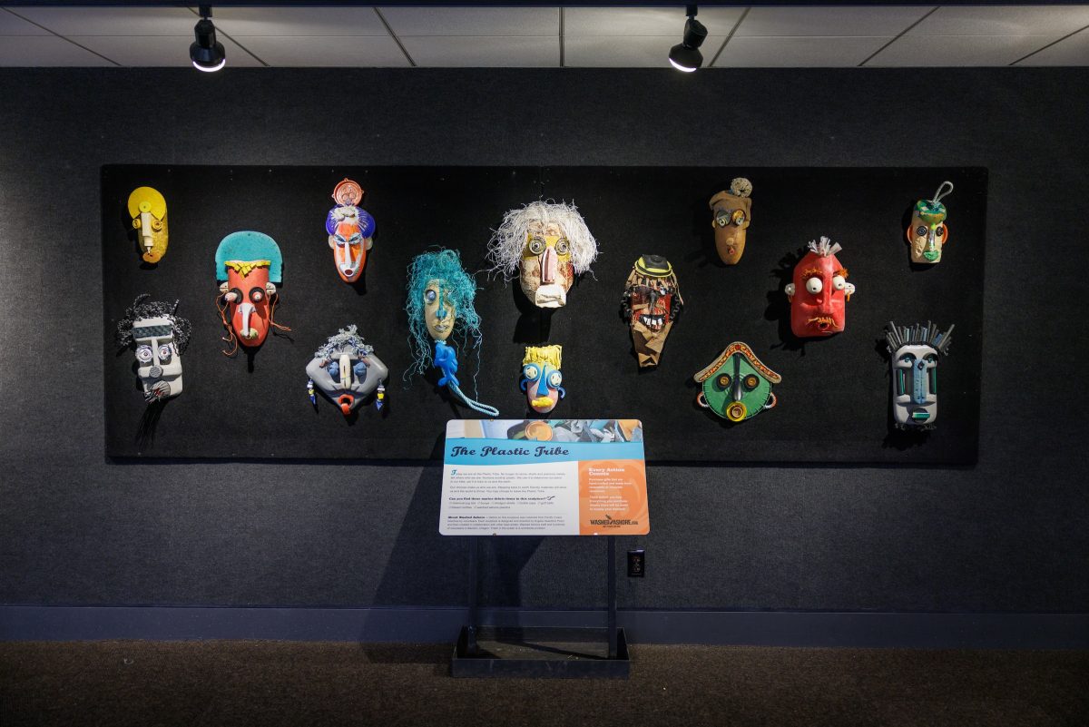 sculptures from the Washed Ashore exhibit on display in the IMAX Theater