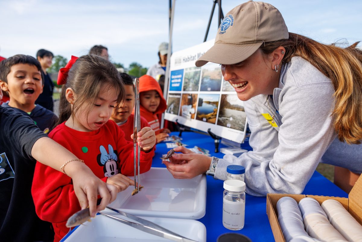 Educator shows preserved fish specimens to students