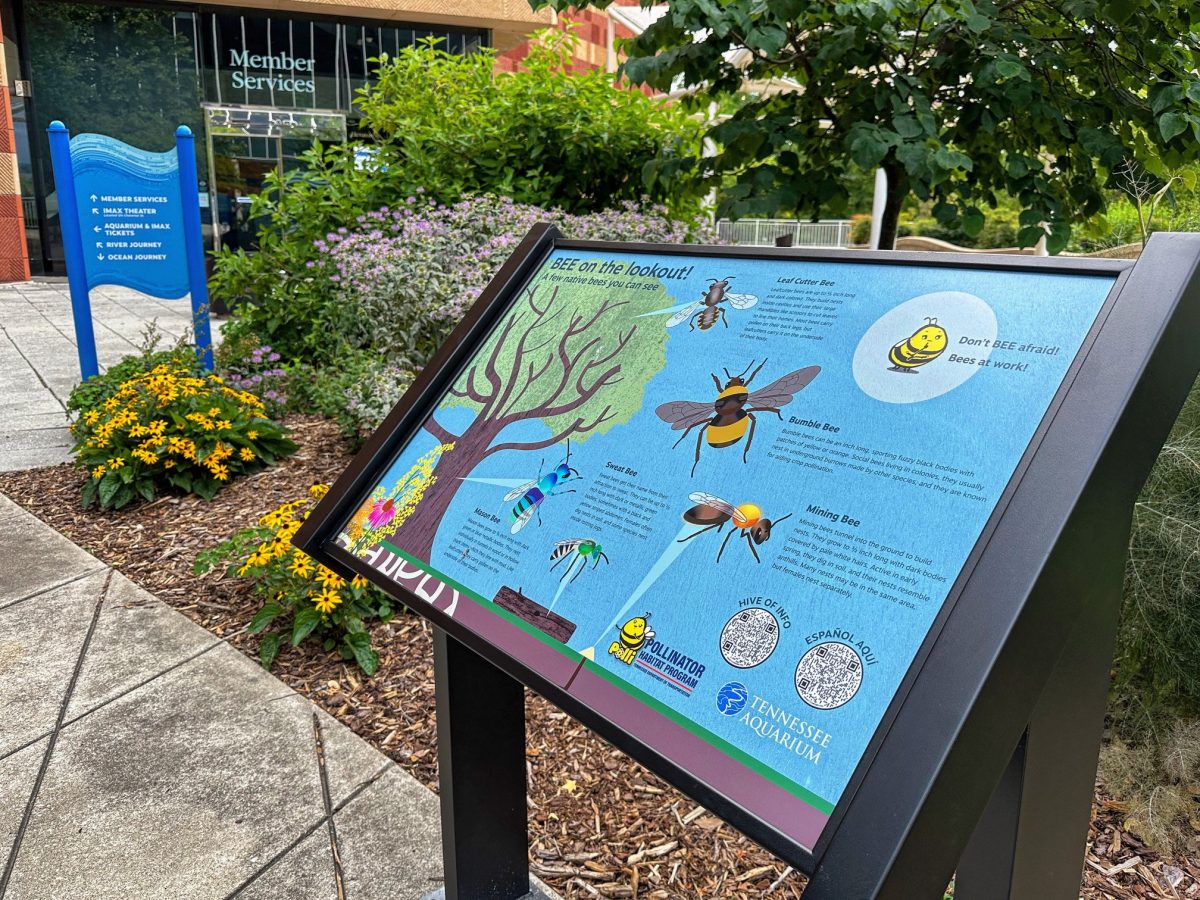 A Pollinator Pathway sign on the plaza of the Tennessee Aquarium.